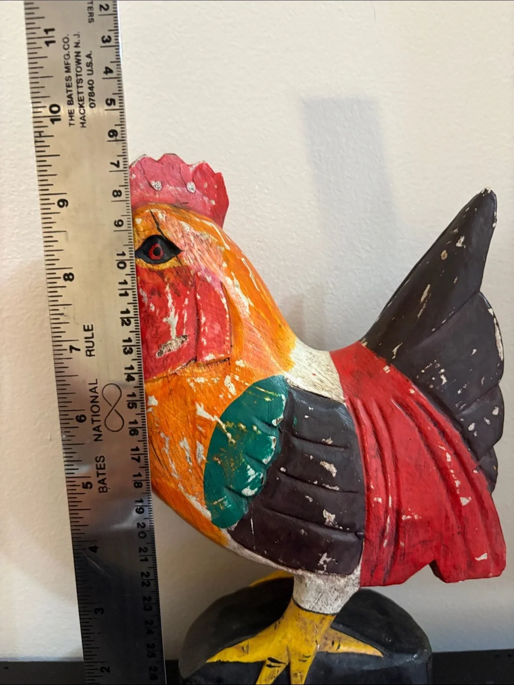 Vintage Handcarved Painted Wooden Rooster Statue - Multicolor
